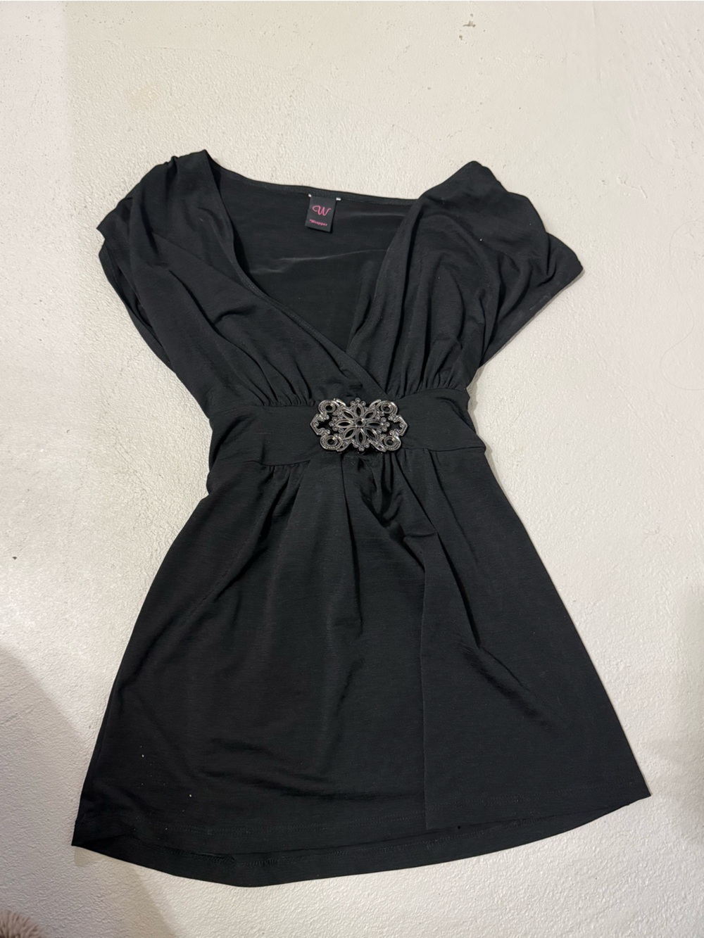 Y2k Wrapper Black V-Neck Dress with Decorative Buckle